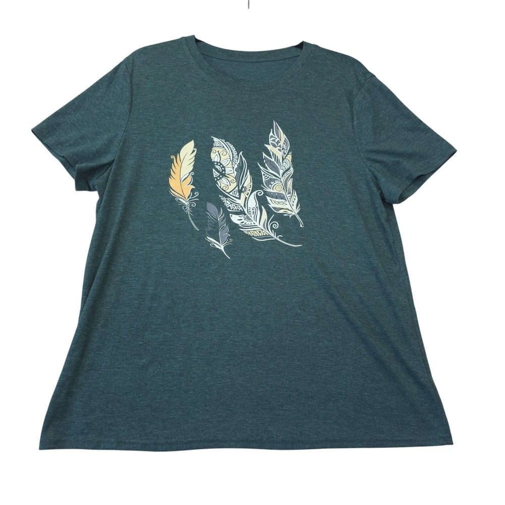 Boho Feather Graphic Tee Heathered Teal Green Short Sleeve Women L Tribal Hippie